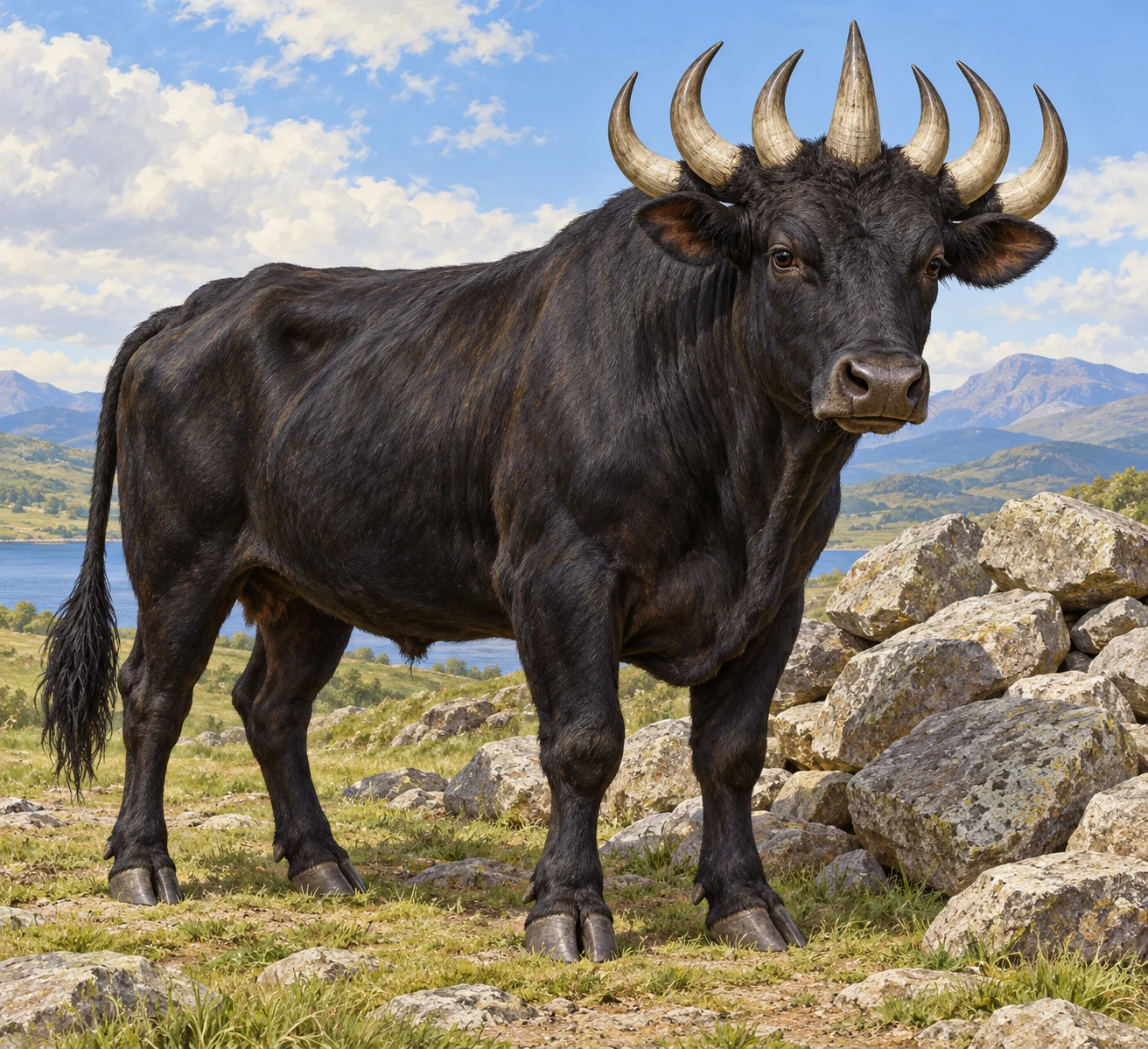 One complete black ox with seven separately visible horns stands beside large stones.