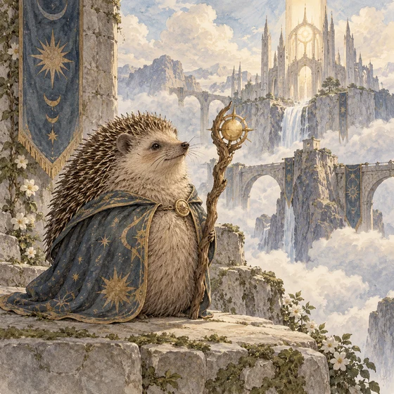 A footless hedgehog sage rests at an imagined heavenly fortress.