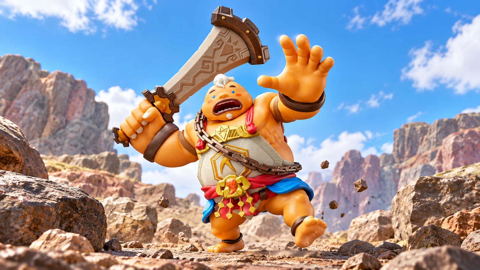 Yunobo raising a sword and hand.