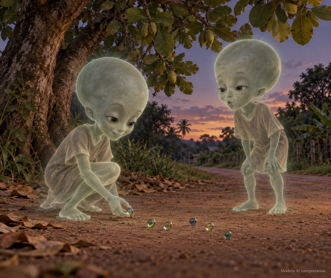 AI imagined bakroes playing marbles beneath almond trees.