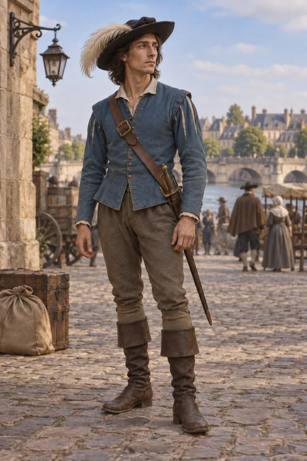 Imagined D’Artagnan in a quiet full-body first-novel portrait.