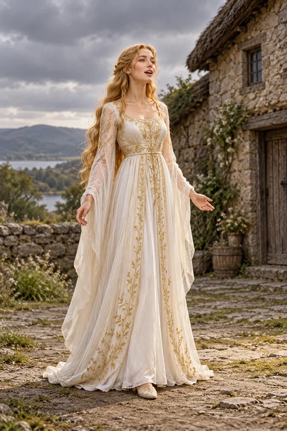 Chrysea before enchantment, golden-haired in white and gold.