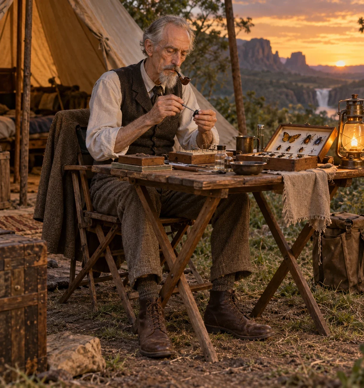 Imagined Summerlee with a grey goat-like beard and short pipe mounts an insect at a camp table.
