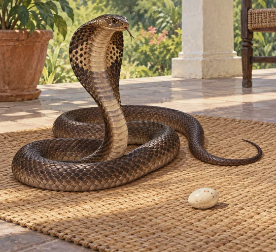 Unofficial AI interpretation of Nagaina beside the last egg on a veranda, evoking the original story’s confrontation. Cobra form and object relationship follow the text; exact colour, hood pattern, pose and setting details are imagined, not a real species identification.