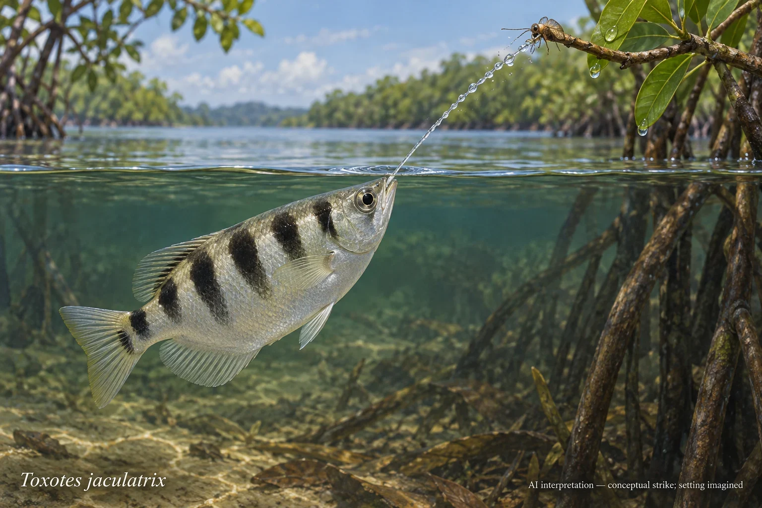 AI barred archerfish shooting above an imagined estuary.