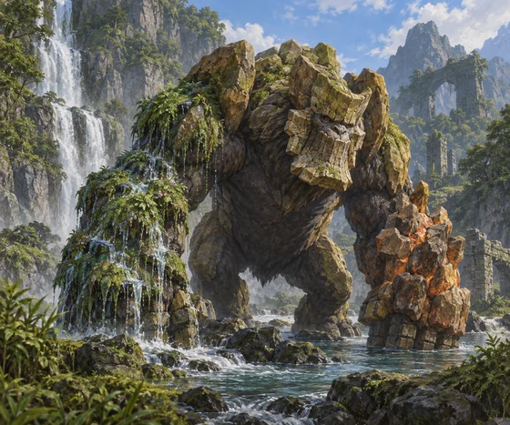 Stone-armored ape stands beside a forest stream.