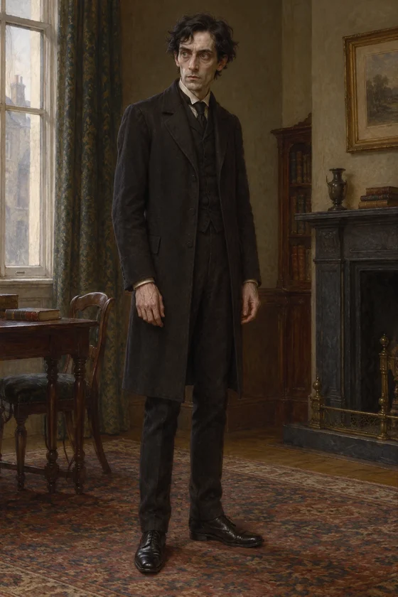 AI interpretation of Wells’s pale, dark-haired visitor before the theft in The Stolen Bacillus.