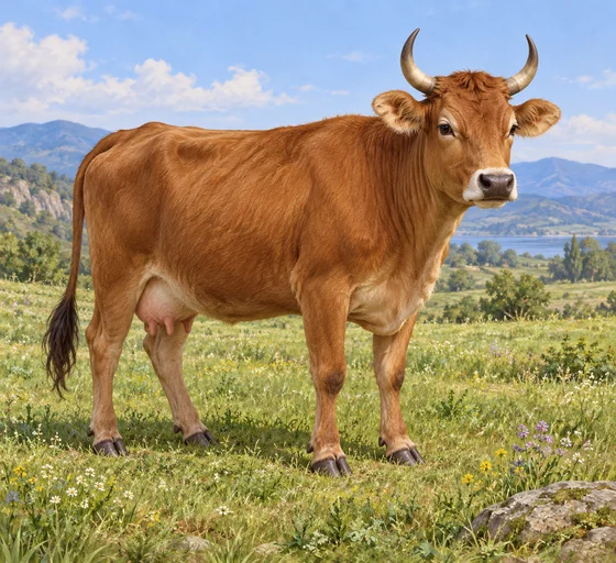 A complete brown cow with two visible horns stands quietly in a grassy field.