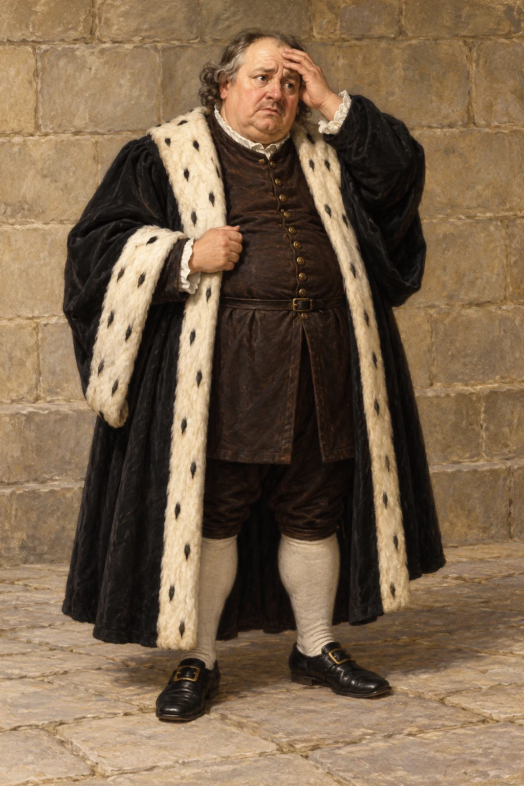 An imagined complete corpulent Mayor in an ermine-lined civic gown.