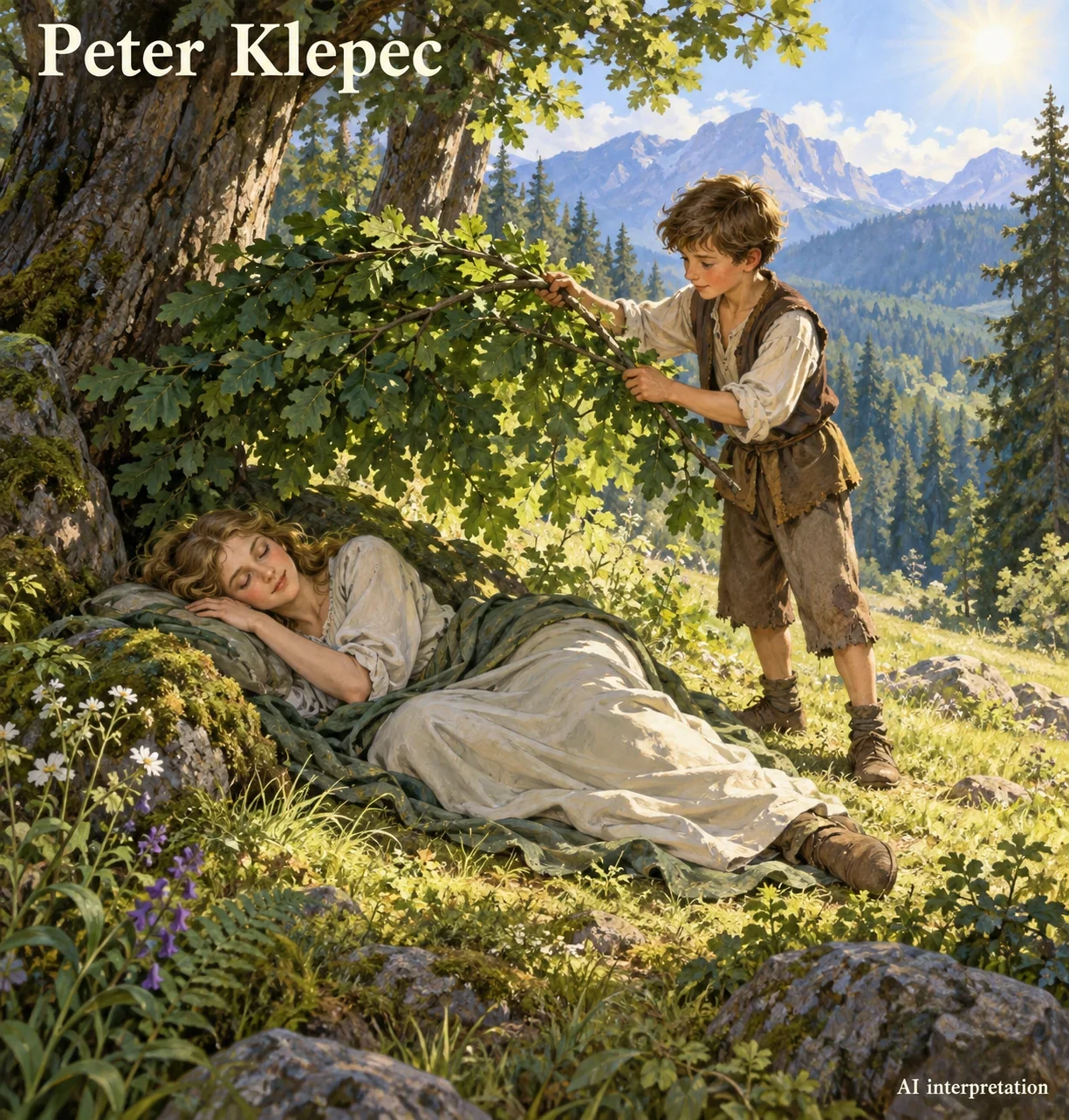 Peter shades a sleeping mountain fairy with leafy branches.