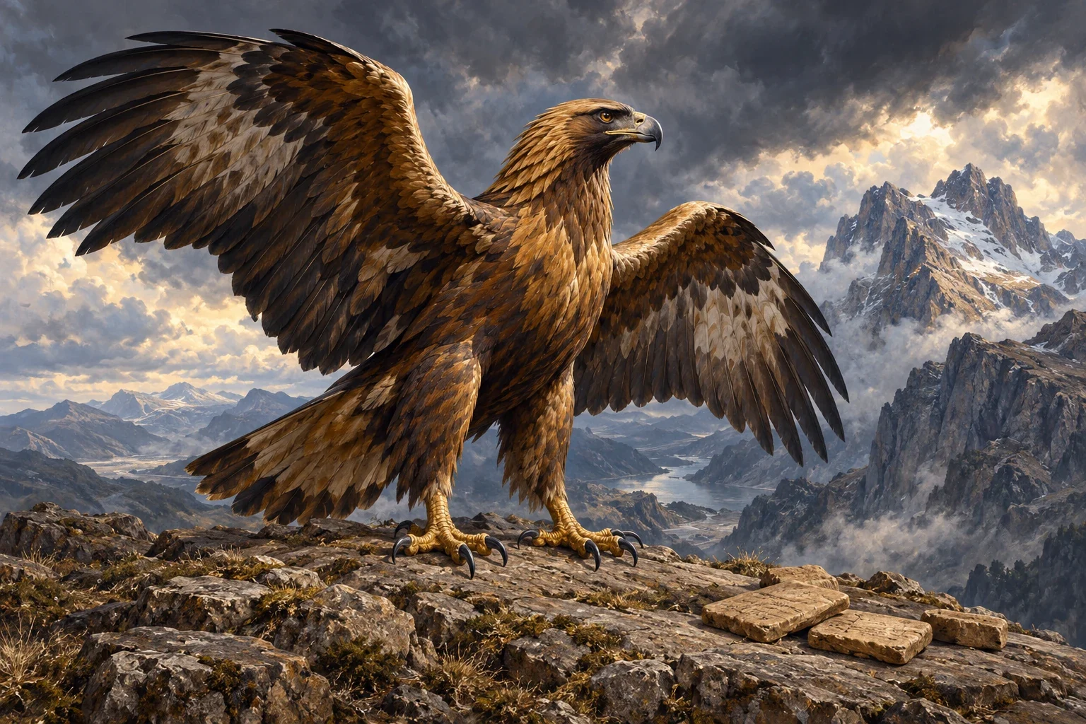An imagined large bird of prey near rugged mountains, with clay tablets nearby