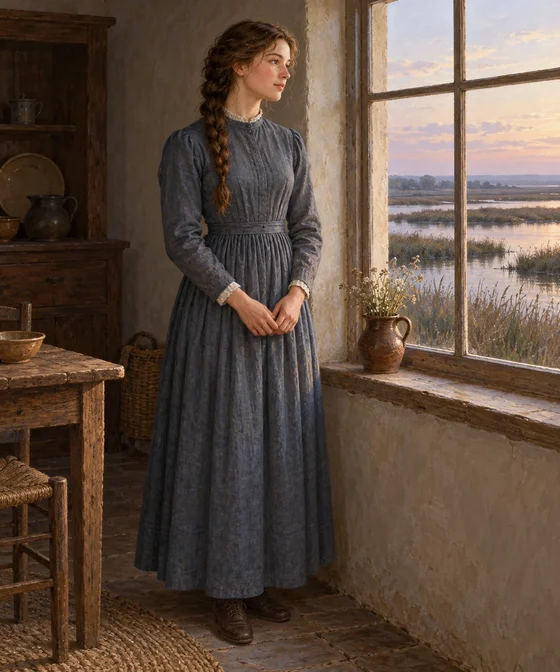 AI interpretation of Mary Jane Rush in her clothed human form, with braided hair beside a farmhouse window.