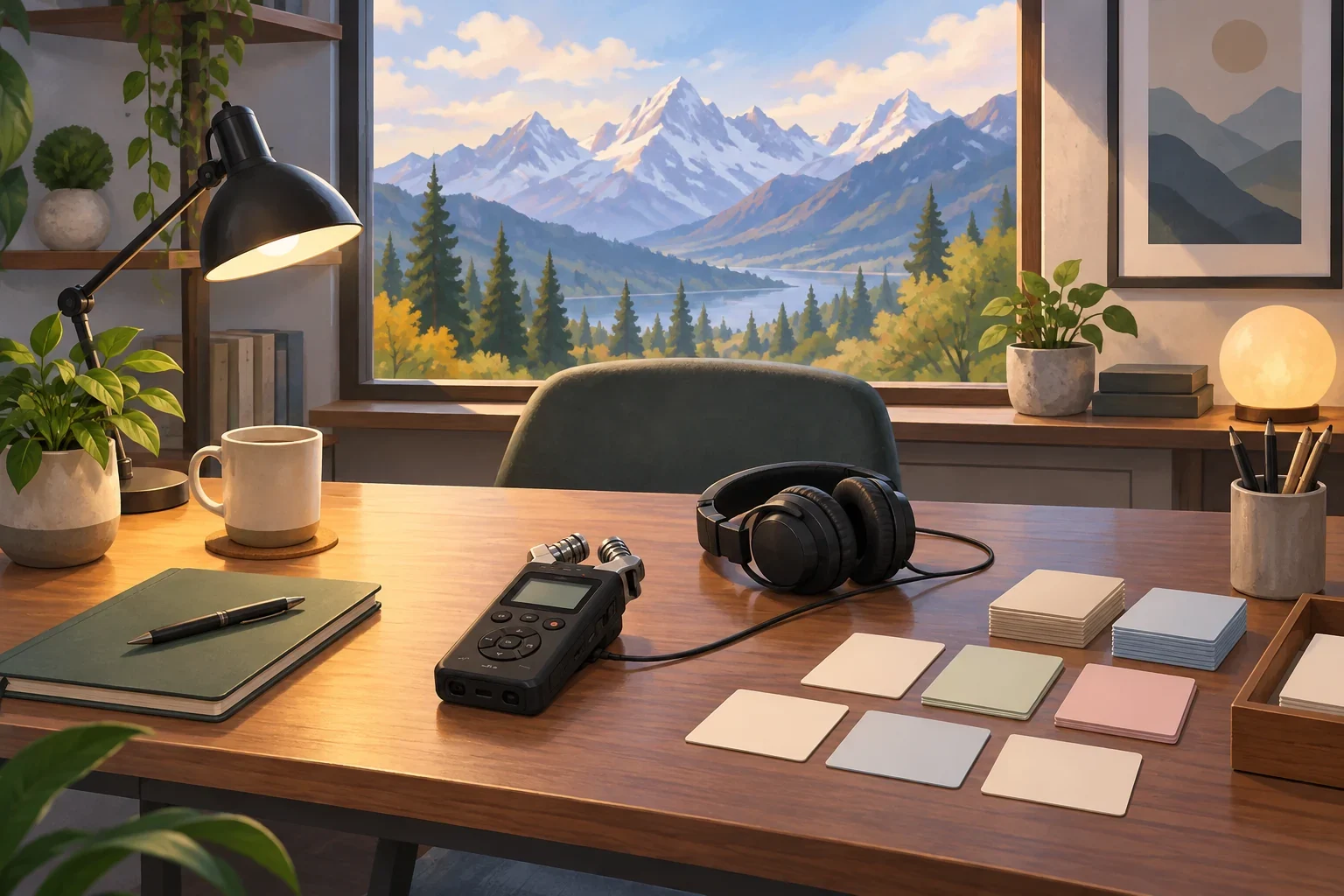 Imagined Dawoodi documentation desk with blank phonetic cards and recorder