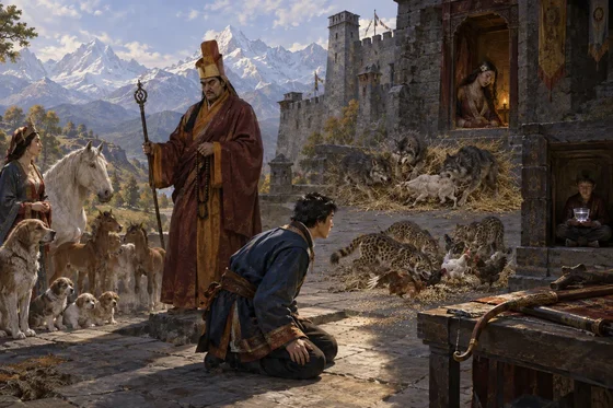 AI-imagined interpretation. A human-appearing fictional lama disguise appears in an imagined narrative montage combining castle tasks and animal-young motifs, not a simultaneous documentary scene or a real lama portrait.
