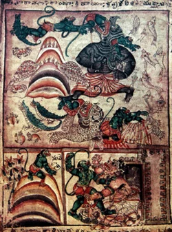 Hanuman’s encounters with Simhika and Surasa, Andhra painting
