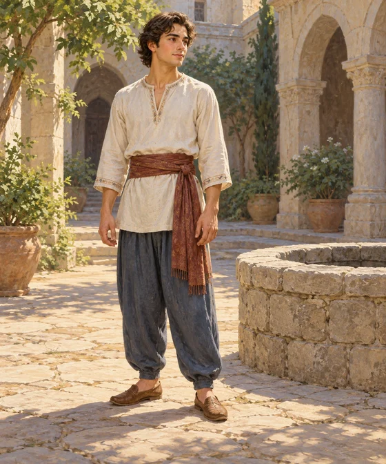 A clothed adult prince stands beside a stone well in a courtyard.