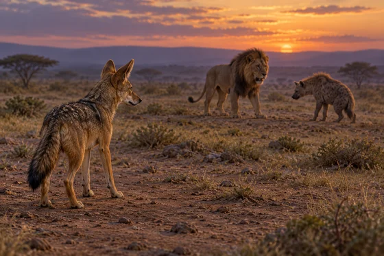 Complete imagined jackal watching a lion and hyena in a twilight landscape.