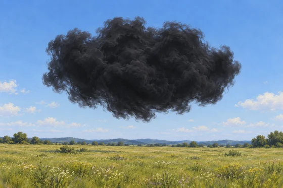 A dark cloudlike presence hangs above an empty sunlit meadow.