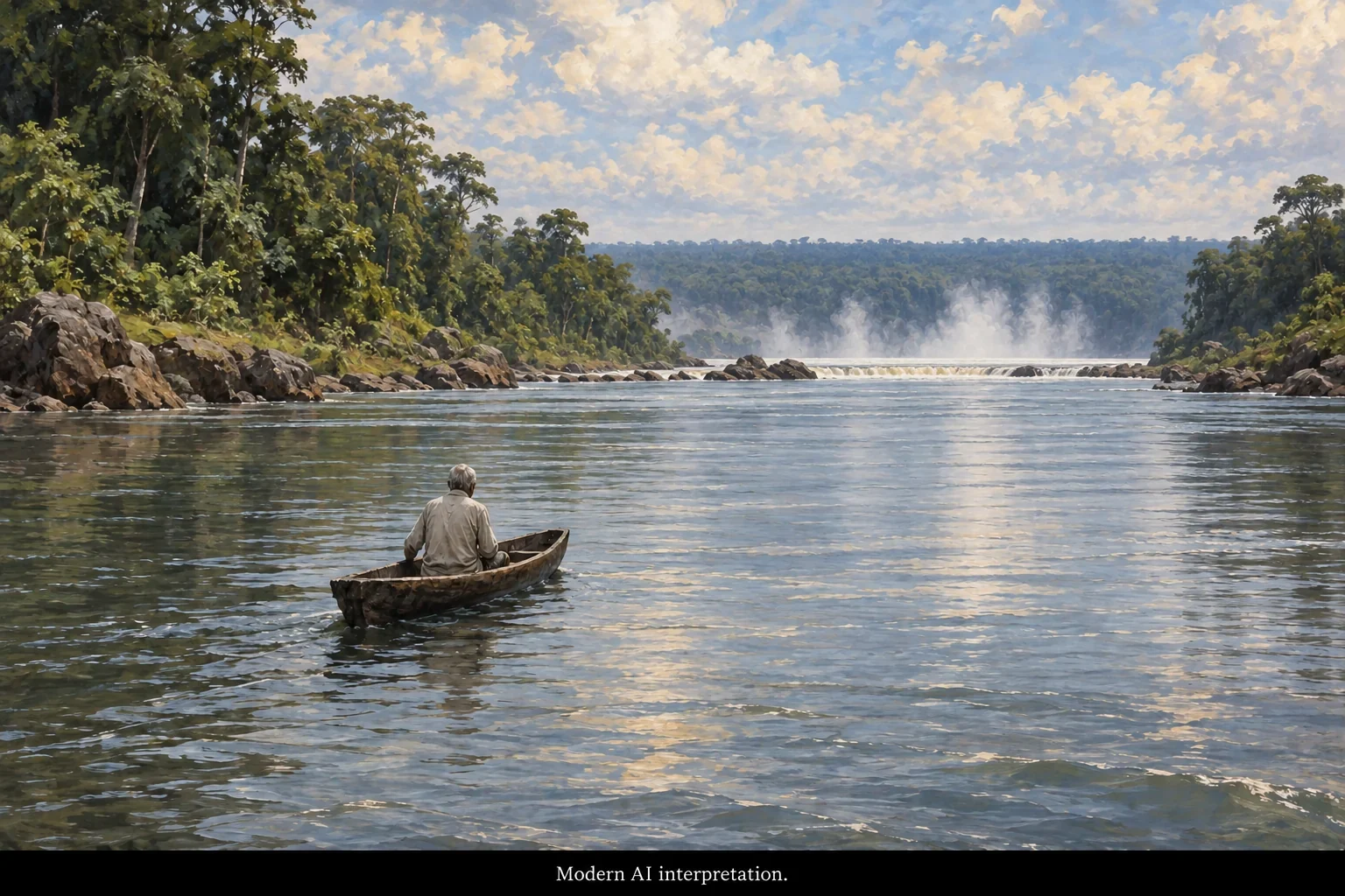 AI interpretation of the old man’s boat approaching the falls.