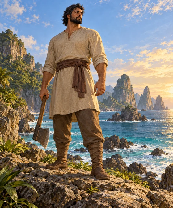Complete human figure holding a lowered axe on an imagined coast.