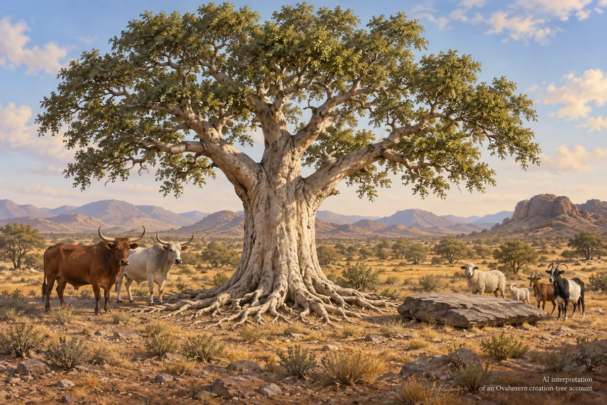 AI contextual interpretation of Omumborombonga with cattle and the flat-stone association. Arrangement imagined; no ritual reconstruction.