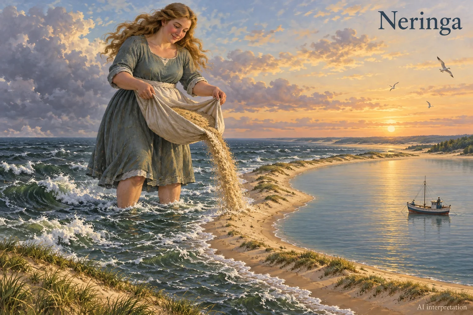 An imagined giantess tips her sand-filled apron into the sea, forming a protective sandy strip.
