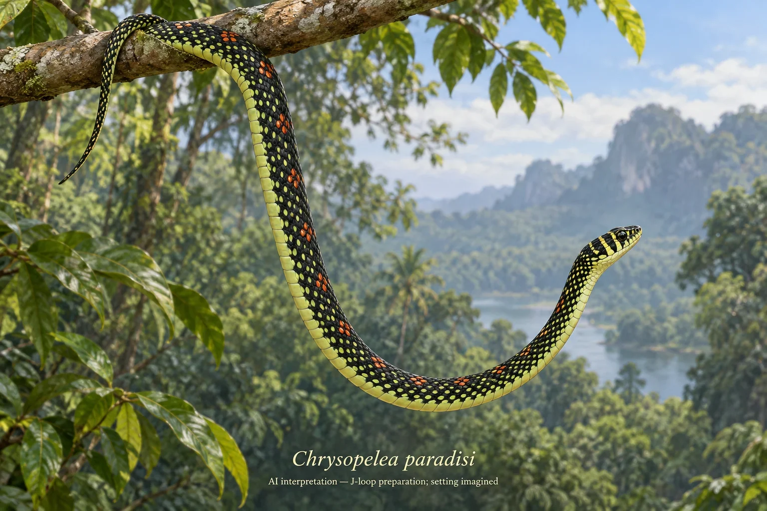 AI paradise tree snake preparing an anchored J-loop.