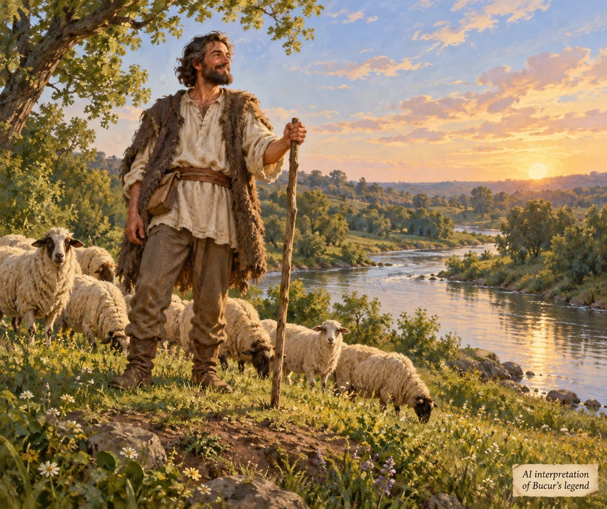 AI interpretation of Bucur planting his staff. Appearance and landscape imagined.