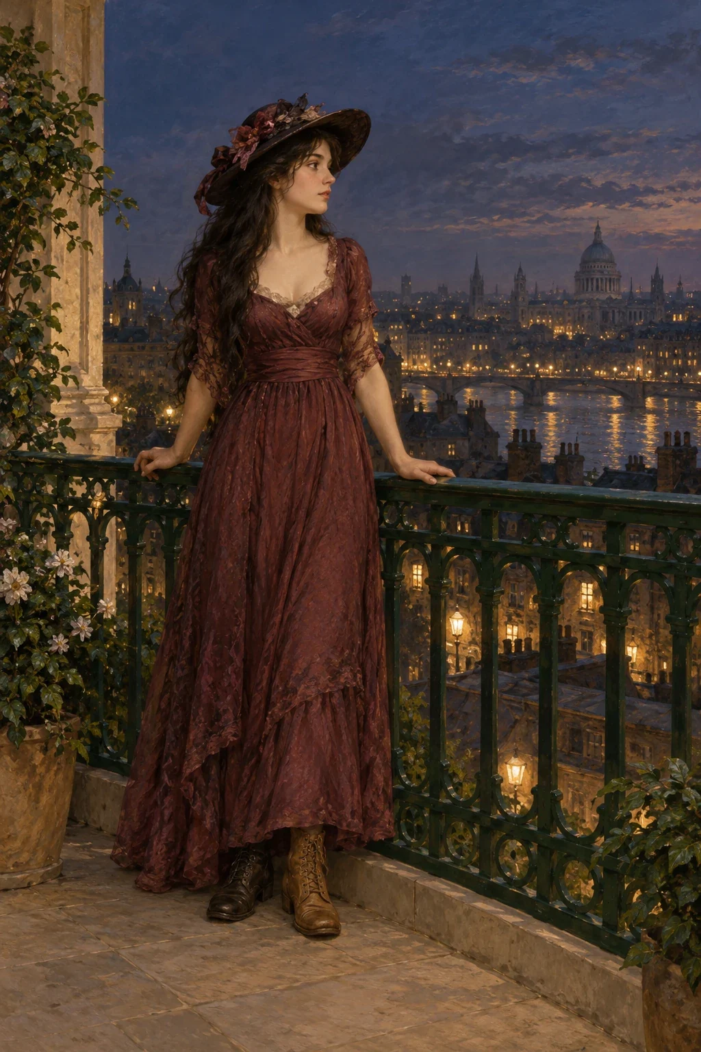 AI interpretation of Miss Cubbidge on a balcony in a hat, evening dress and walking boots.