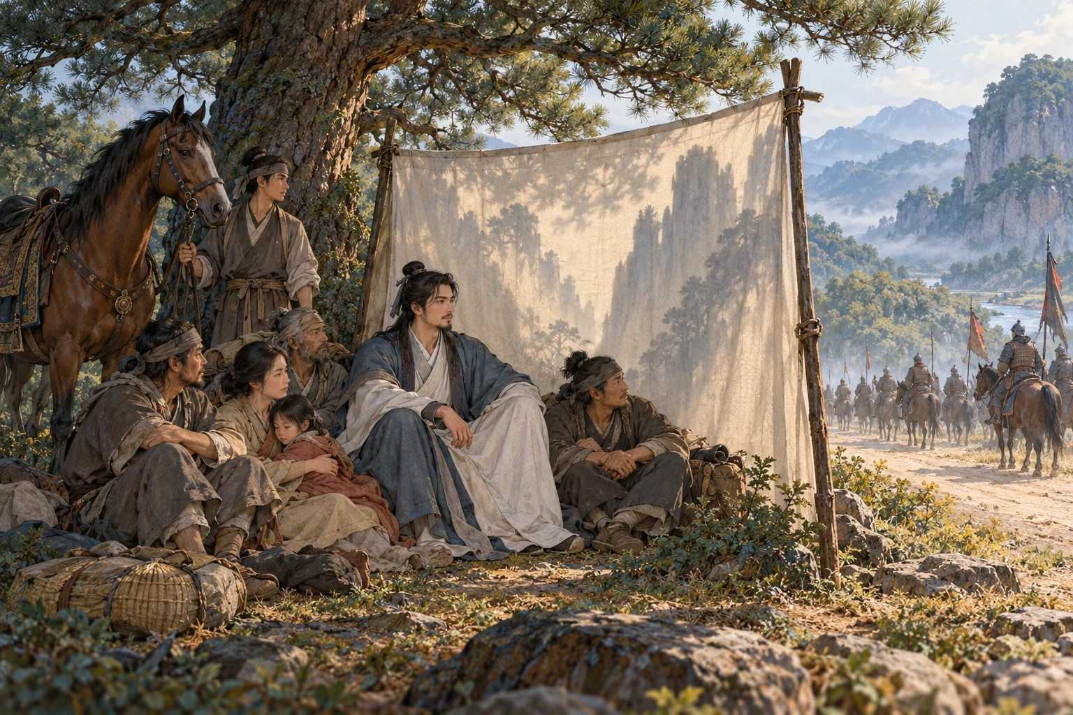 A seated protector shelters travelers beside a cotton screen beneath a pine while mounted troops pass along the road.