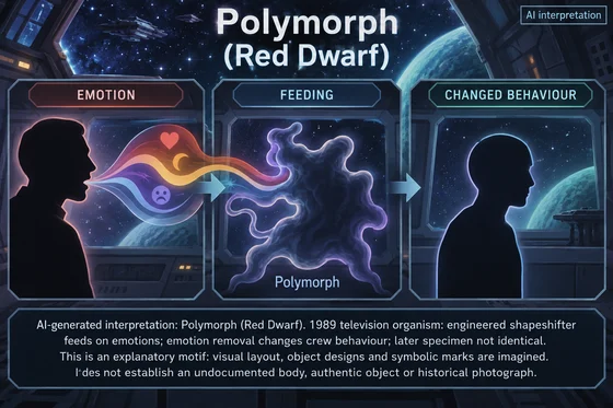 AI interpretation of Polymorph (Red Dwarf) through the approved explanatory motif; all visual design imagined.