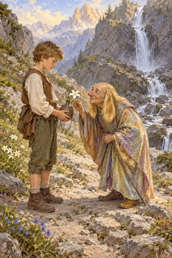 Modern AI interpretation of the river king giving lily dew to Gluck.