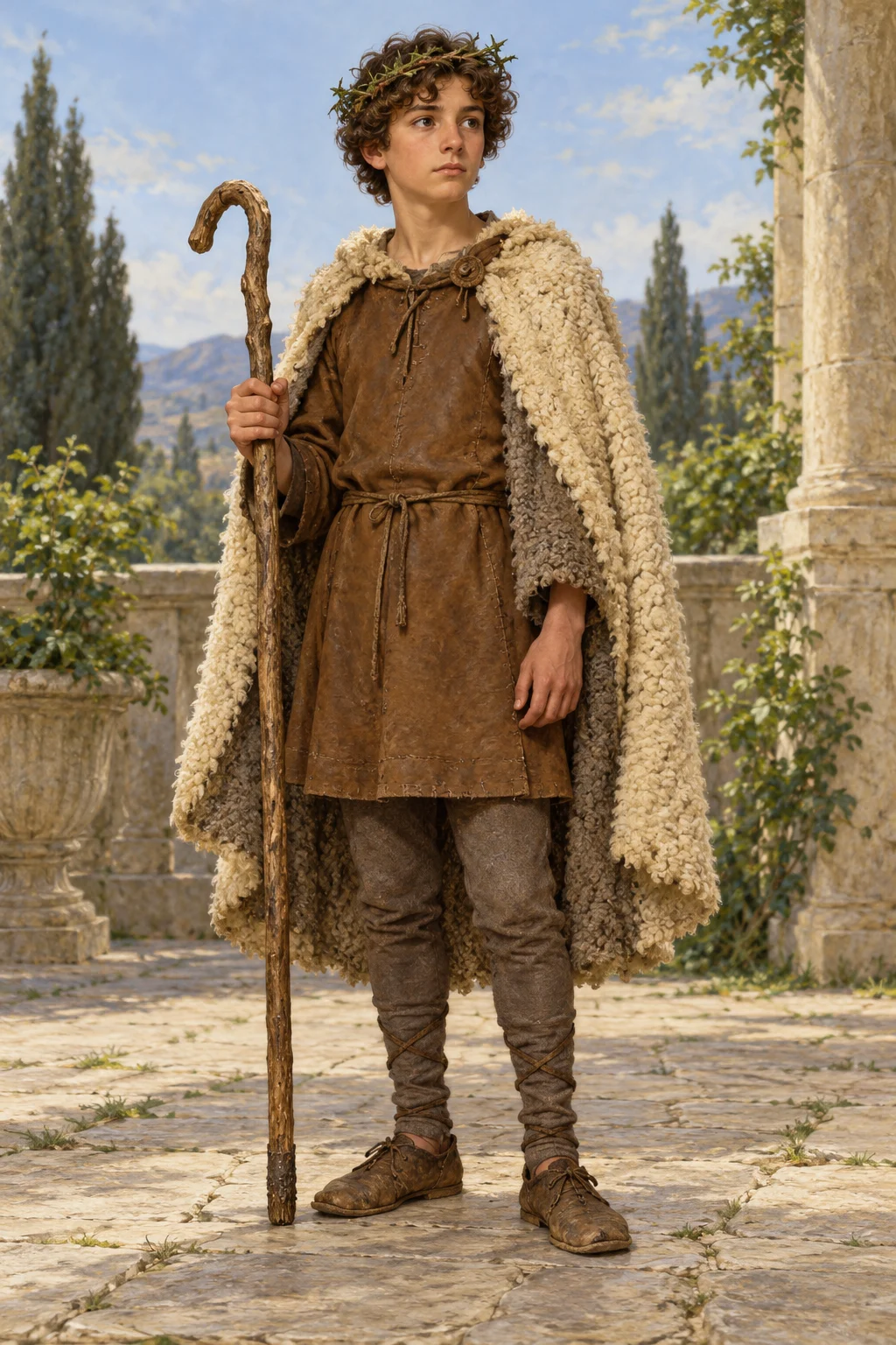 An imagined complete young King in a leather tunic and sheepskin cloak, with a briar circlet and wooden staff.