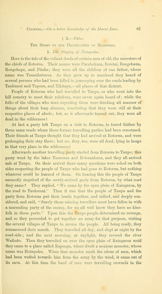 Hotu-puku monster narrative, historical printed text witness; documentary source-page facsimile