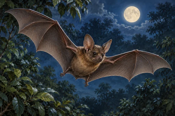 Complete imagined bat flying beneath moonlit foliage.