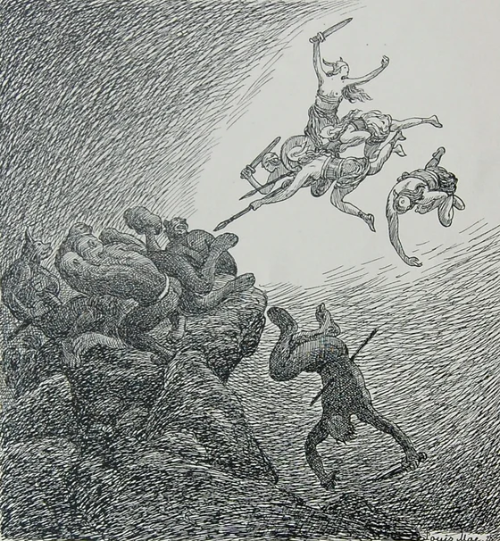 Valkyries ride and fight at Ragnarök, Louis Moe, 1929
