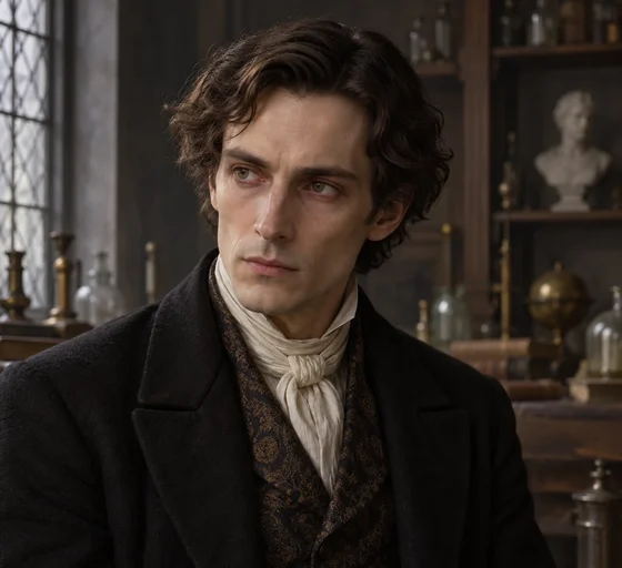 Independent head-and-shoulders literary portrait of Aylmer: pale intellectual face and slender shoulders, intent and preoccupied expression, complete head inside generous margins.