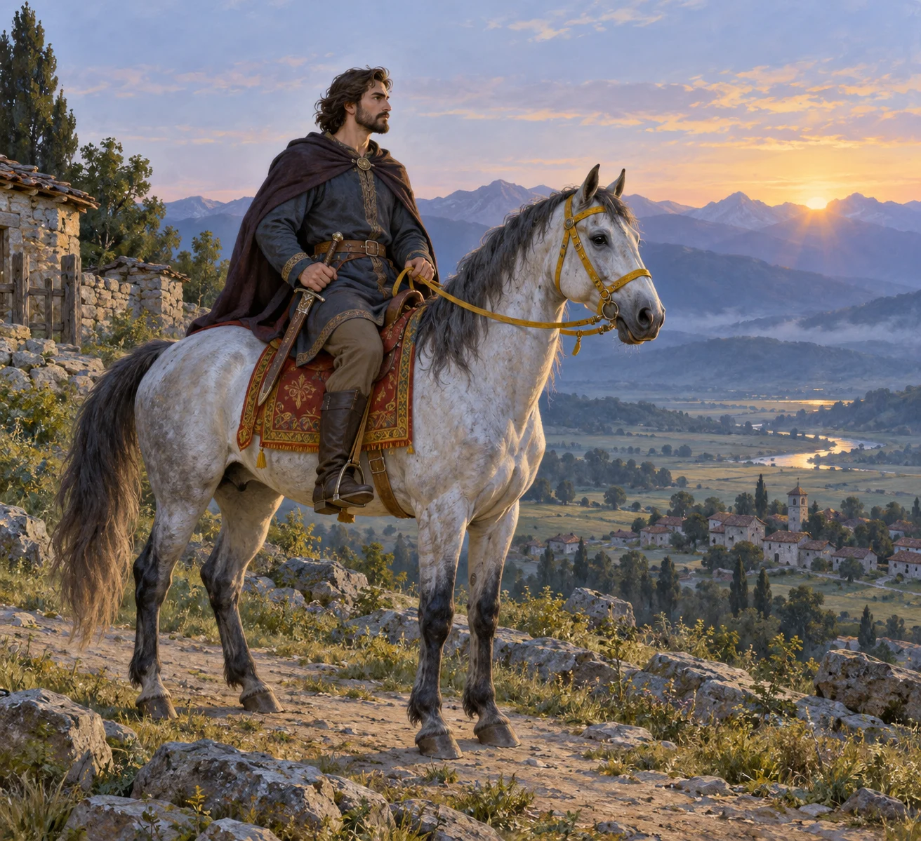 Branko preparing his horse before the encounter; appearance and surroundings remain imagined.