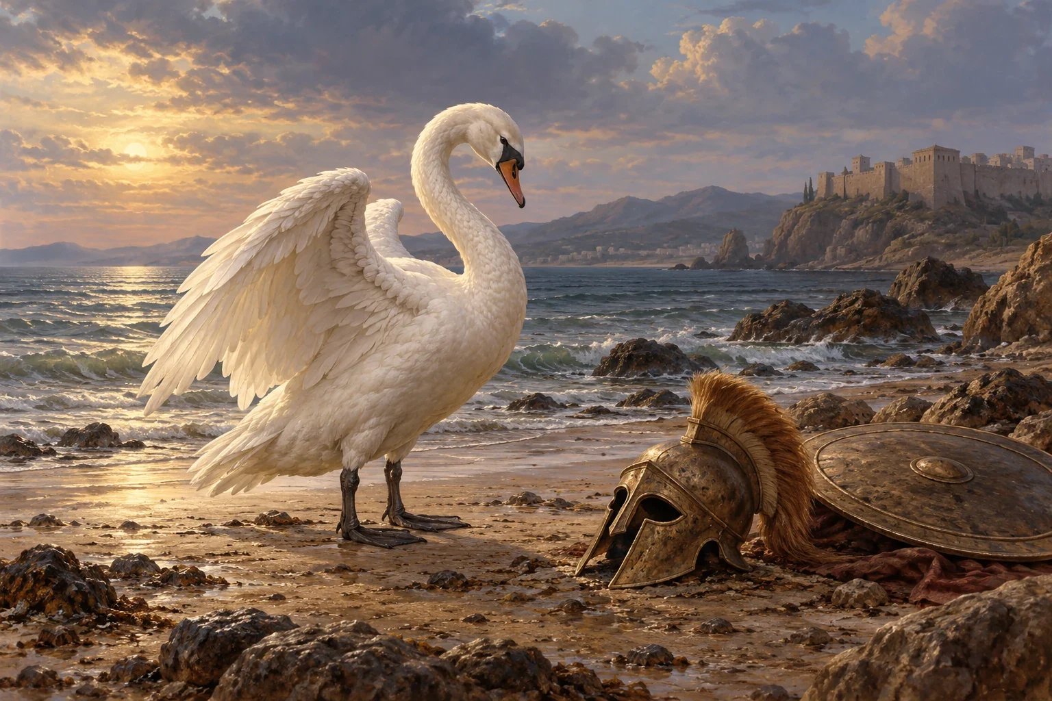 A complete white swan with raised wings beside an empty helmet and partly framed shield on an imagined shore.
