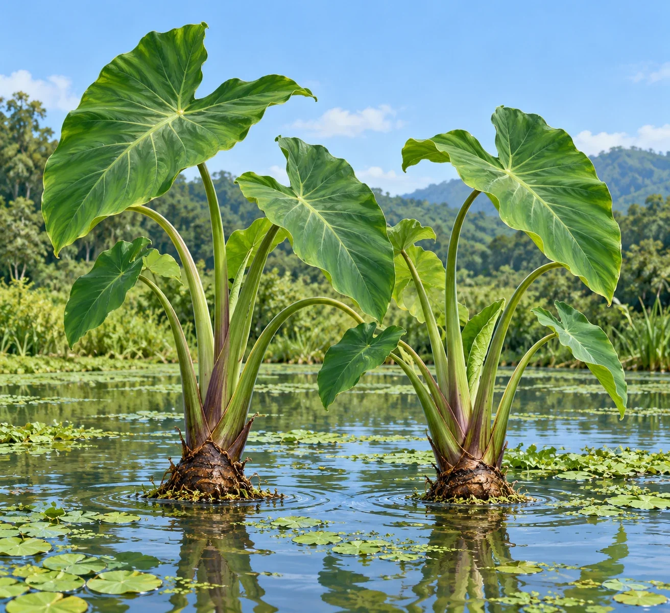 Independent illustration of exactly two taro plants growing side by side in a pond, their leaf stalks curved and leaves proportioned, before their flight.