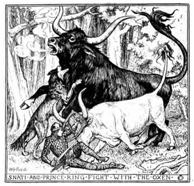 Snati-Snati attacks the larger wild ox while Prince Ring fights the smaller one, Henry Justice Ford, 1894
