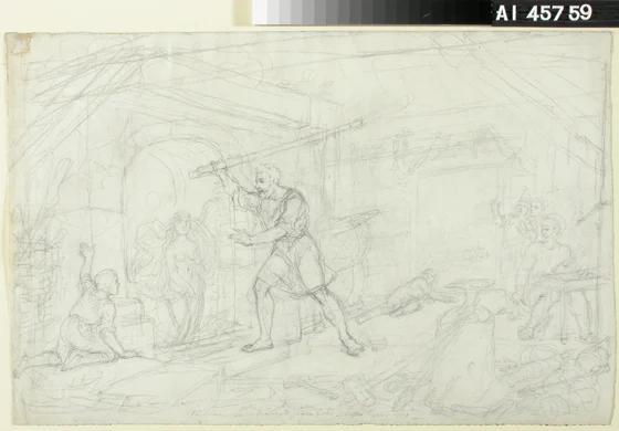Ilmarinen forging the inert golden maiden, Robert Wilhelm Ekman sketch (1859)
