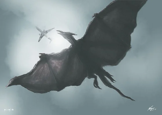 Noger Chen’s Rodan fan illustration shows a huge dark flying creature with broad leathery wings, pointed beak and trailing feet beside a much smaller aircraft in a pale cloudy sky.