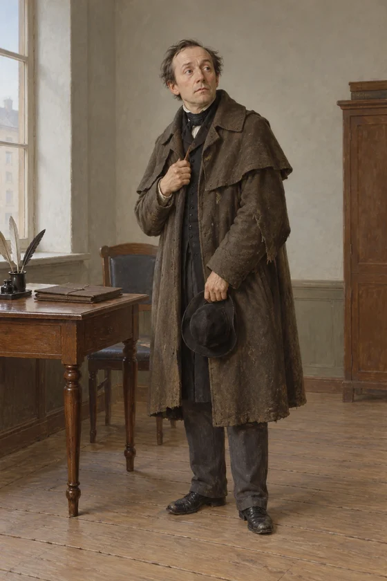 Poprishchin in worn clerical clothing beside a writing table