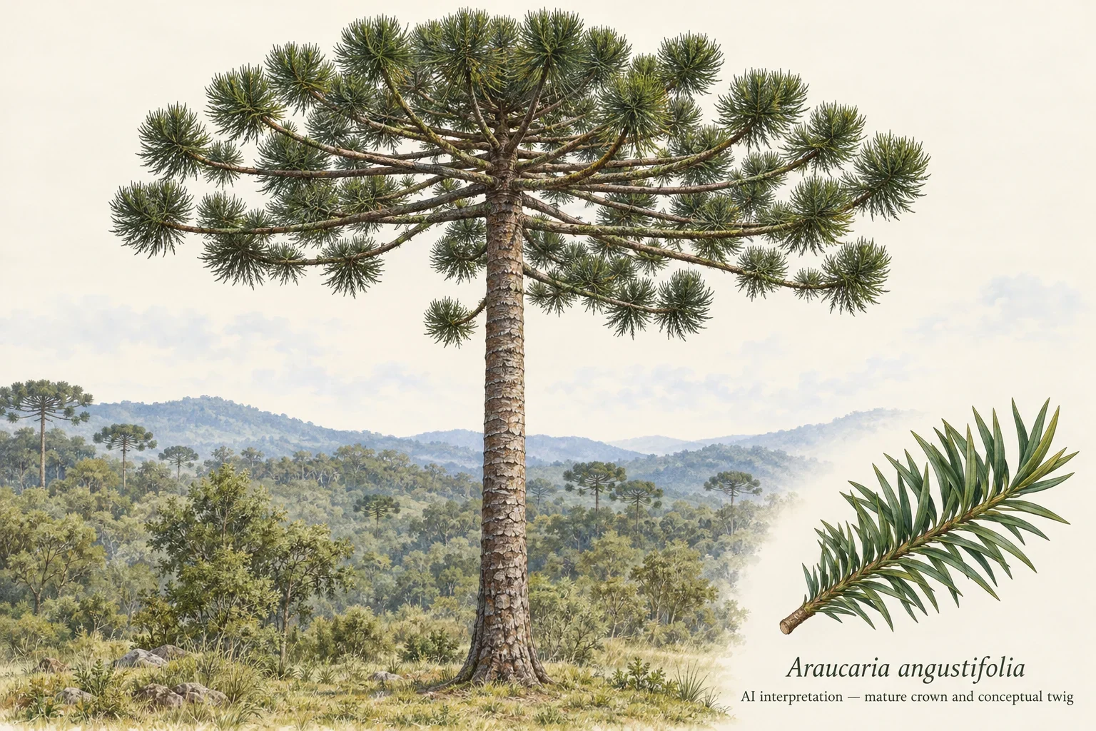 AI mature Paraná pine and conceptual foliage twig.