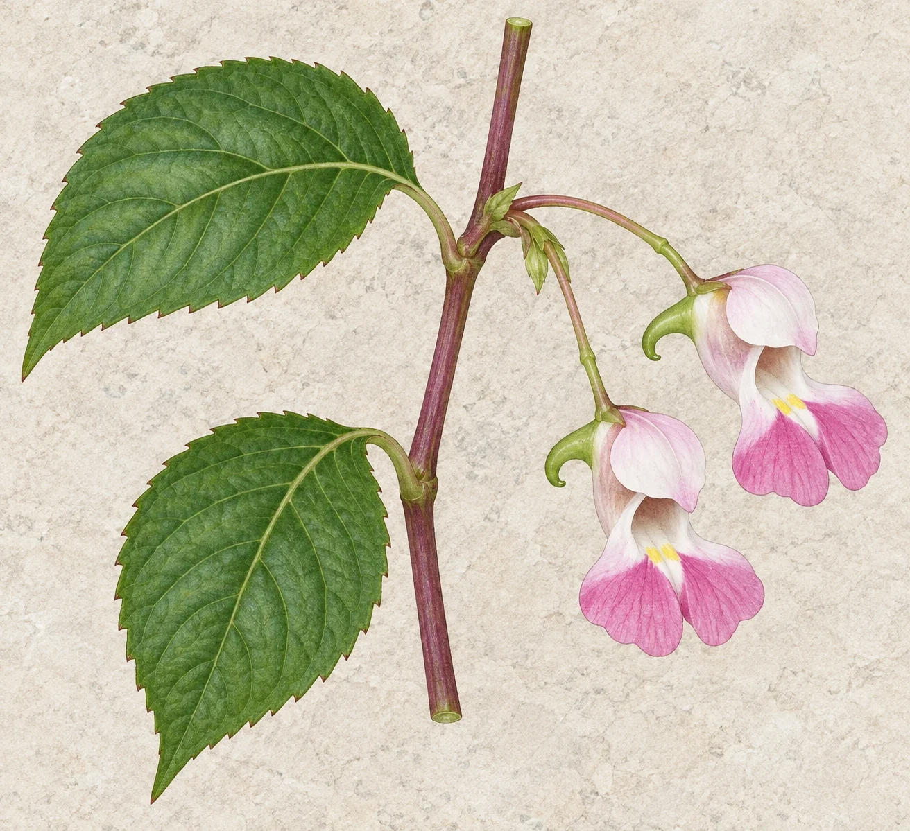 Modern AI botanical interpretation of selected green spurred Impatiens.