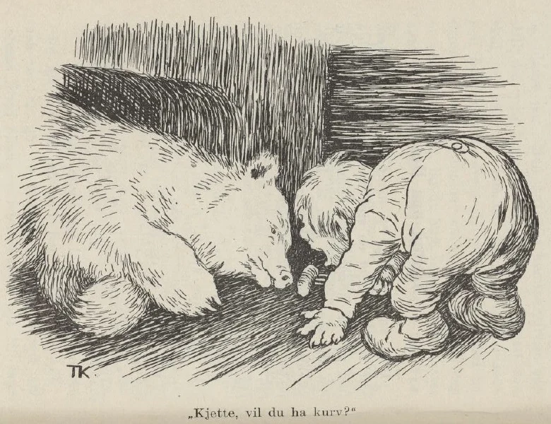 Dovrefell troll offers sausage to the white bear, Kittelsen,1915