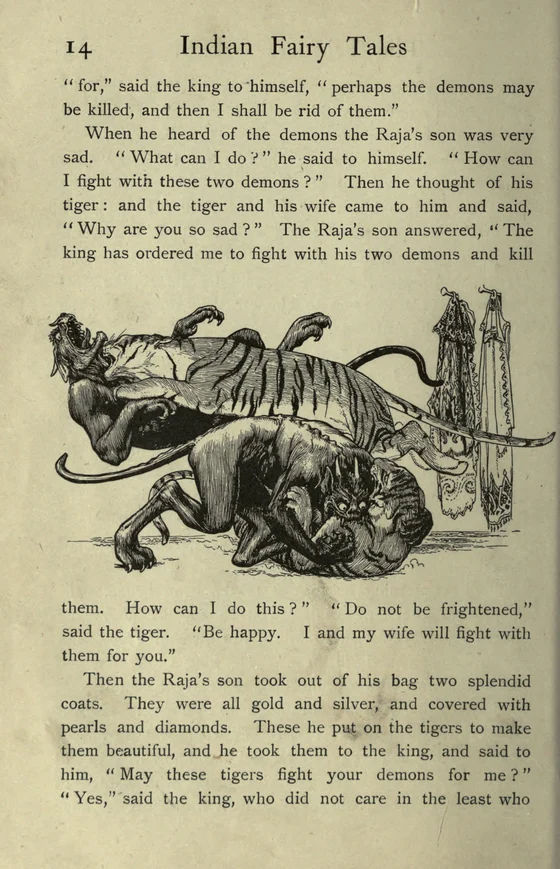 Whole illustrated book page with surrounding printed narrative: Two striped tigers grapple with two dark, long-tailed humanoid demons; two ornate coats hang behind the fighting pairs.