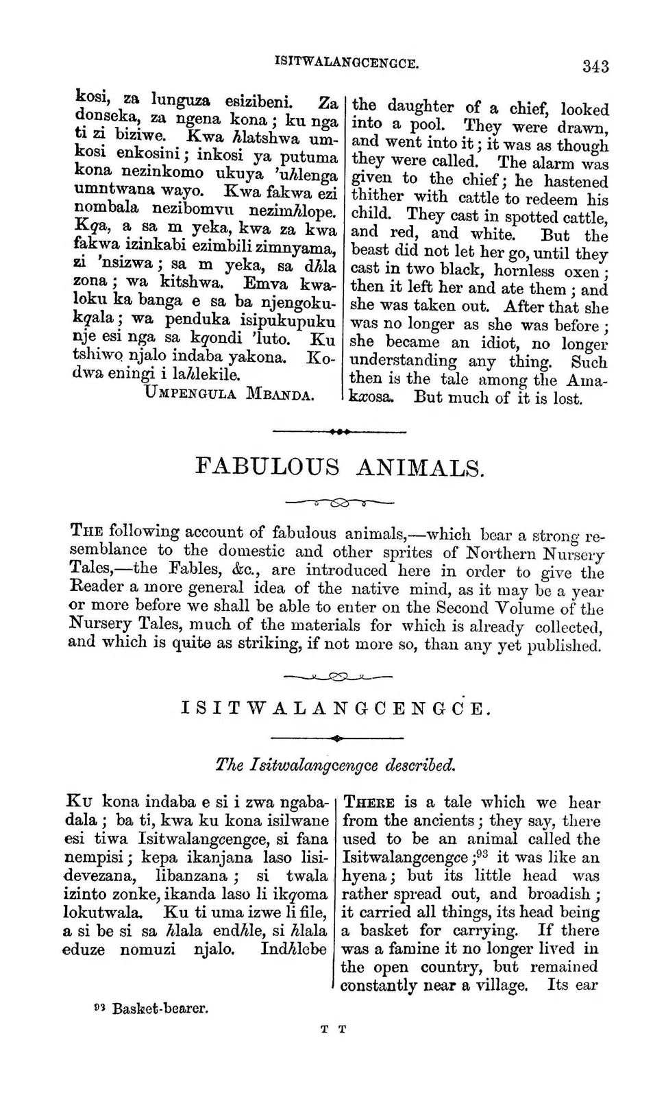 Isitwalangcengce: documentary text witness, Callaway 1868, printed page 343; documentary source-page facsimile