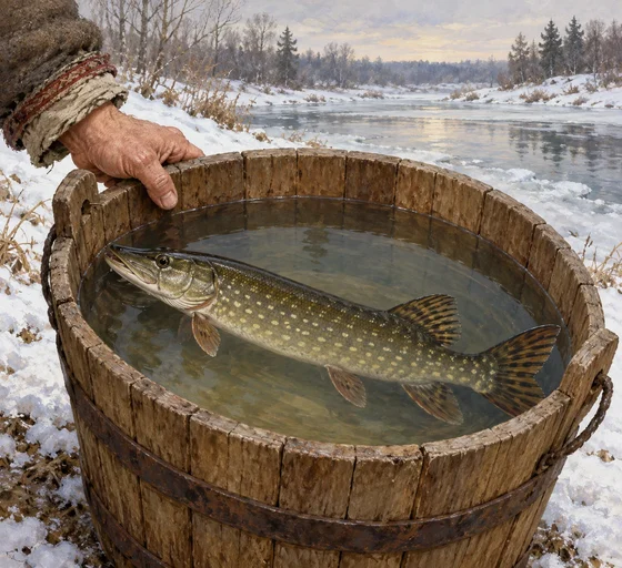 Pike in a water pail beside a hand on the rim.